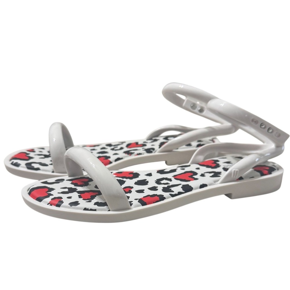 Melissa Wave Sandal Womens 7 White Red‎ Leopard Heart Print Vegan Jelly Sandals